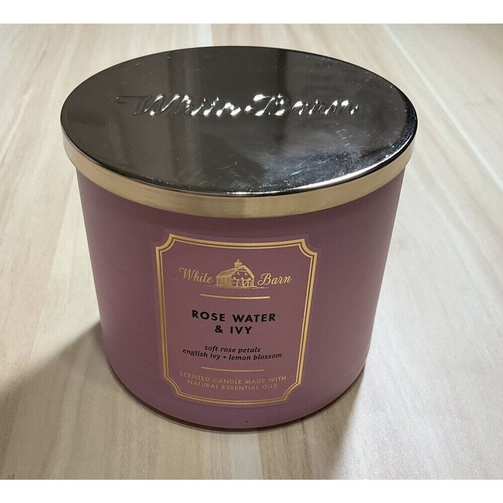 Rose Water & Ivy Scented 3 Wick Candle‎ 14.5oz White Barn NEW!